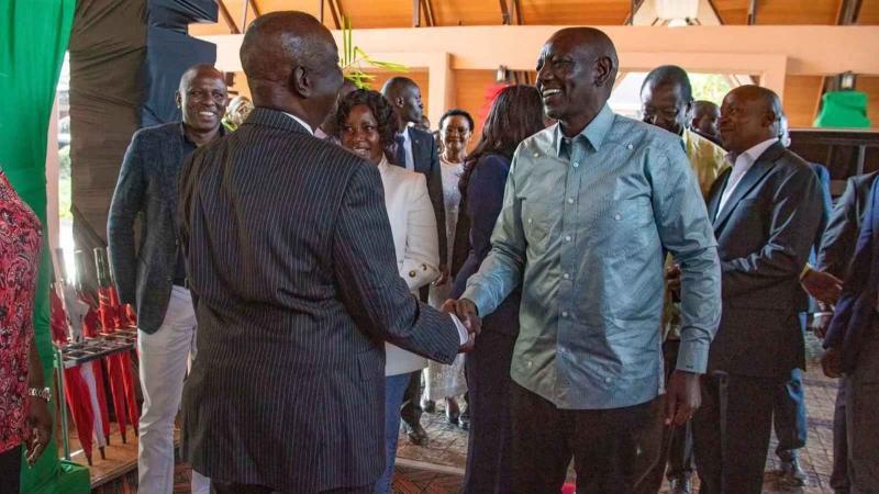 File image of President William Ruto and ODM leader Oburu Oginga at the Joint Broad-Based Coalition Parliamentary Group meeting in Naivasha