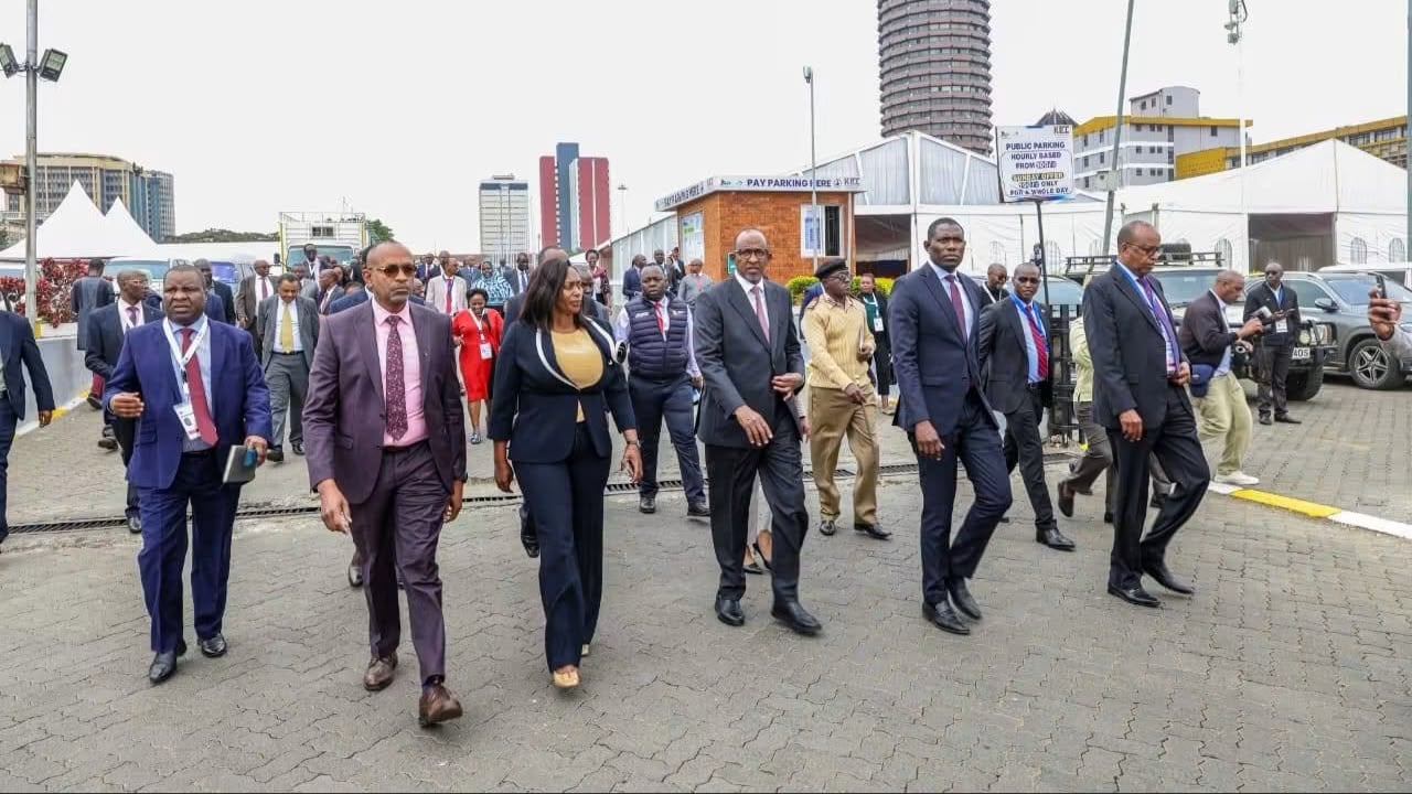 File image of Health Cabinet Secretary Aden Duale leading a team of government officials when inspecting the venue of the Health Summit