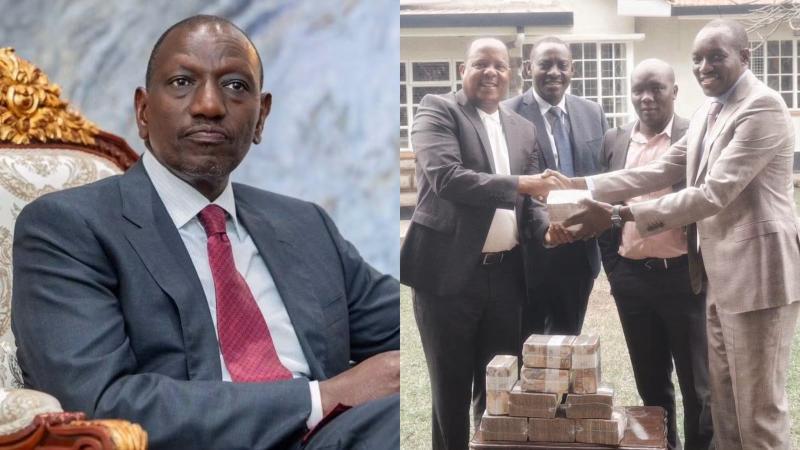 File image of President William Ruto and Kisii Governor Simba Arati handing over the money