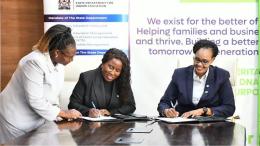 File image of Higher Education Principal Secretary Beatrice Muganda and Kenya Commercial Bank (KCB) Managing Director Annastacia Kimtai