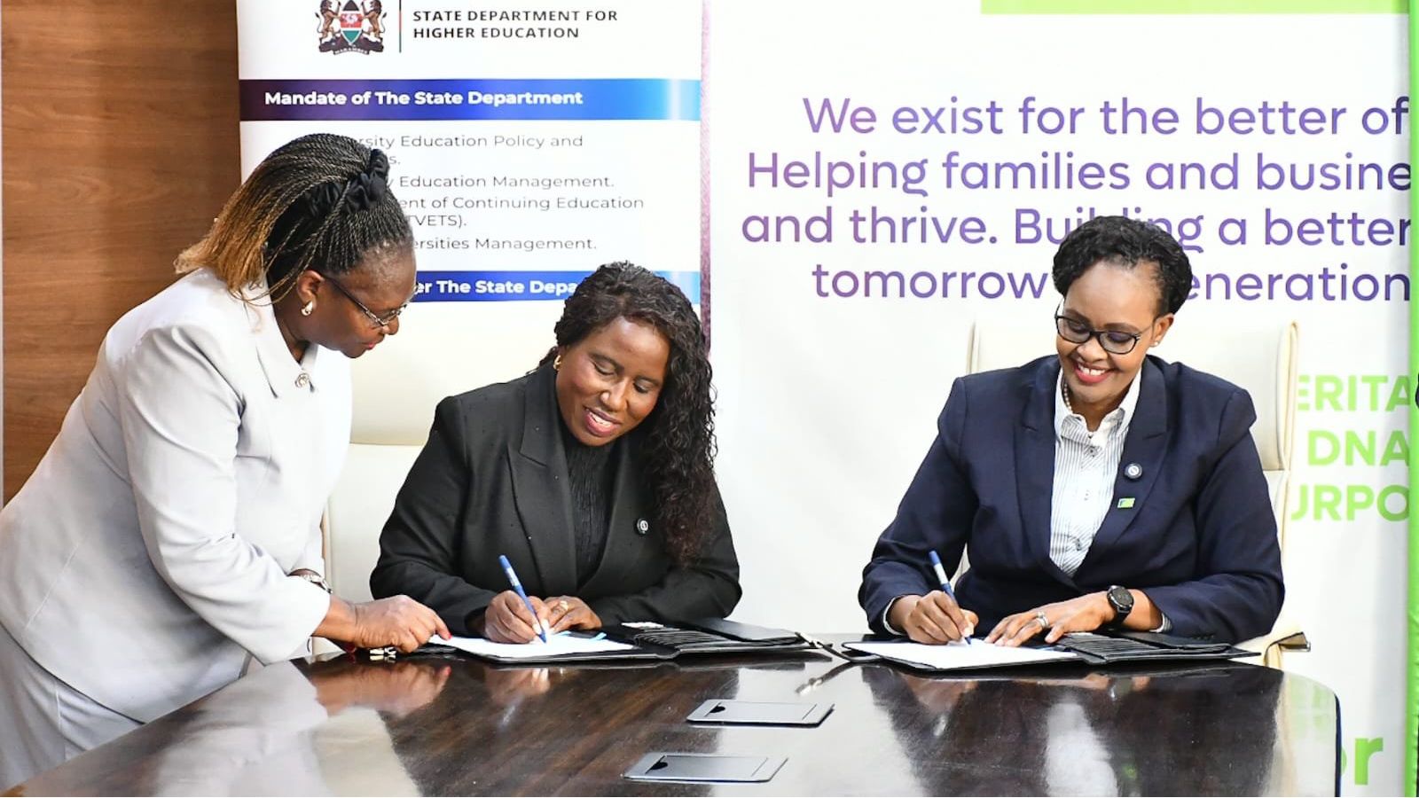 File image of Higher Education Principal Secretary Beatrice Muganda and Kenya Commercial Bank (KCB) Managing Director Annastacia Kimtai