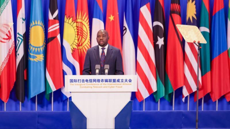 File image of Interior Cabinet Secretary Kipchumba Murkomen speaking at the International Alliance for Combating Telecom and Cyber Fraud inaugural conference