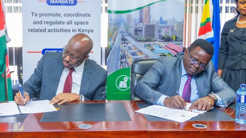 File image of Kenya Space Agency Director General Major General Hillary Kipkosgey and Directorate of Public-Private Partnership Director General Kefa Seda