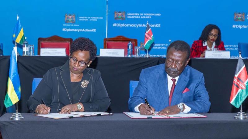 File image of Rwanda's Minister of State for Foreign Affairs and International Cooperation Usta Kayitesi and Prime Cabinet Secretary Musalia Mudavadi