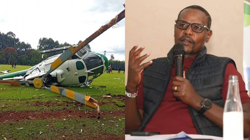 File image of the crashed helicopter and Environment Principal Secretary Festus Ng'eno