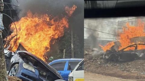 Collage photo of a vehicle set on fire after being involved an accident along Ngong Road.