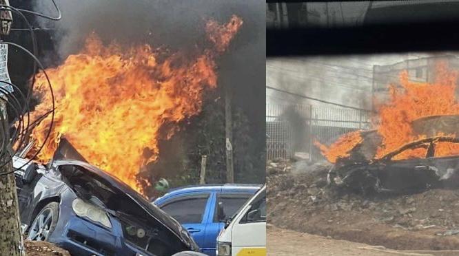 Collage photo of a vehicle set on fire after being involved an accident along Ngong Road.